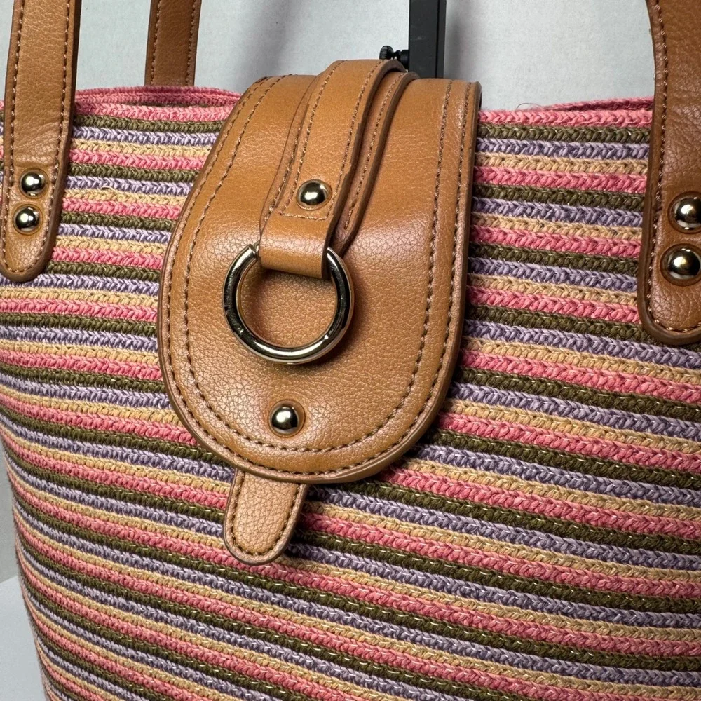 Liz Claiborne Woven Striped Multicolor Tote Shoulder Bag Tan Faux Leather Straps